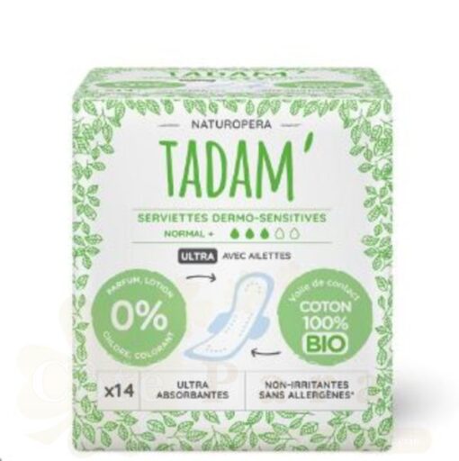 TADAM SERVIETTE ULTRA COTON BIO NORMAL+ 3 GOUTTES *14U REF332277