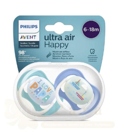 AVENT 2 SUCETTES ULTRA AIR HAPPY 6-18 BOY/PAP/BOAT   SCF080/03