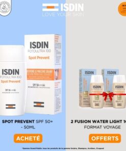 ISDIN OFFRE WEB FOTO ULTRA 100 SPOT PREVENT SPF 50+ FUSION FLUID 50 ML +2 FUSION WATER LIGHT FORMAT VOYAGE OFFERTS