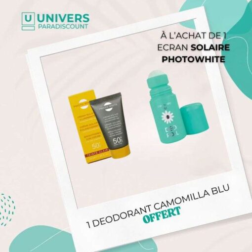 PHOTO OFFRE WHITE CREME SOLAIRE TEINTEE CLAIRE ECLAIRICISSANTE SPF 50+ 50 ML + CAMOMILLA BLU DEODORANT 50 MLOFFERT