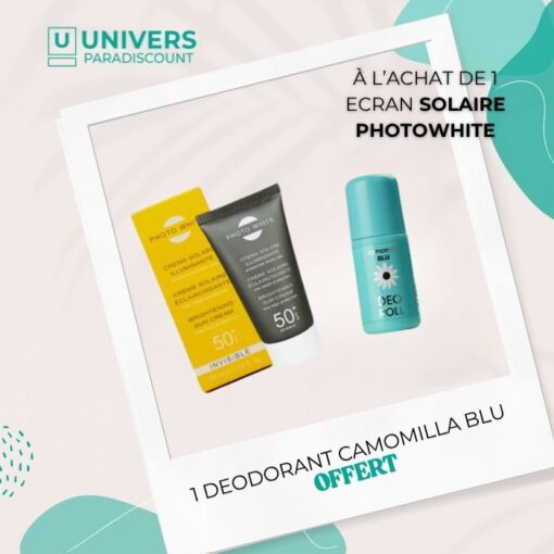 PHOTO WHITE OFFRE CREME SOLAIRE INVISIBLE 50 ML + CAMOMILLA BLU DEODORANT 50ML OFFERT