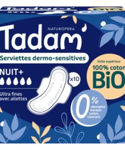 TADAM 10 SERVIETTES DERMO SENSITIVES NUIT + COTON BIO ULTRA FINE AVEC AILETTES