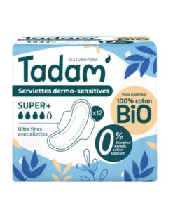 TADAM 12 SERVIETTES DERMO SENSITIVES SUPER + COTON BIO
