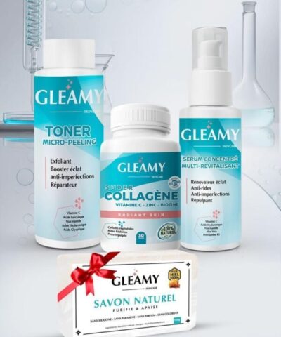 Gleamy Routine Peau Complete Toner 100ml +  Collagene Boite de 30 Gélules +Serum 50ml = Savon Offert