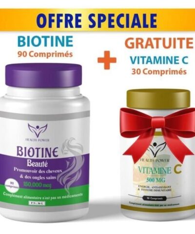 HEALTH POWER BIOTINE Beauté 90 Comprimés + Vitamine C 30 Comprimés OFFERT